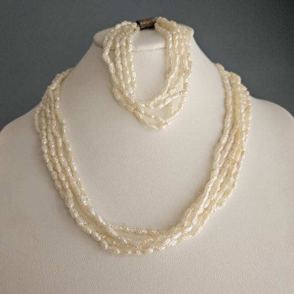 Vintage Pearl Necklace & Bracelet Set Multistrand Genuine Freshwater Rice Pearl - Picture 2 of 12